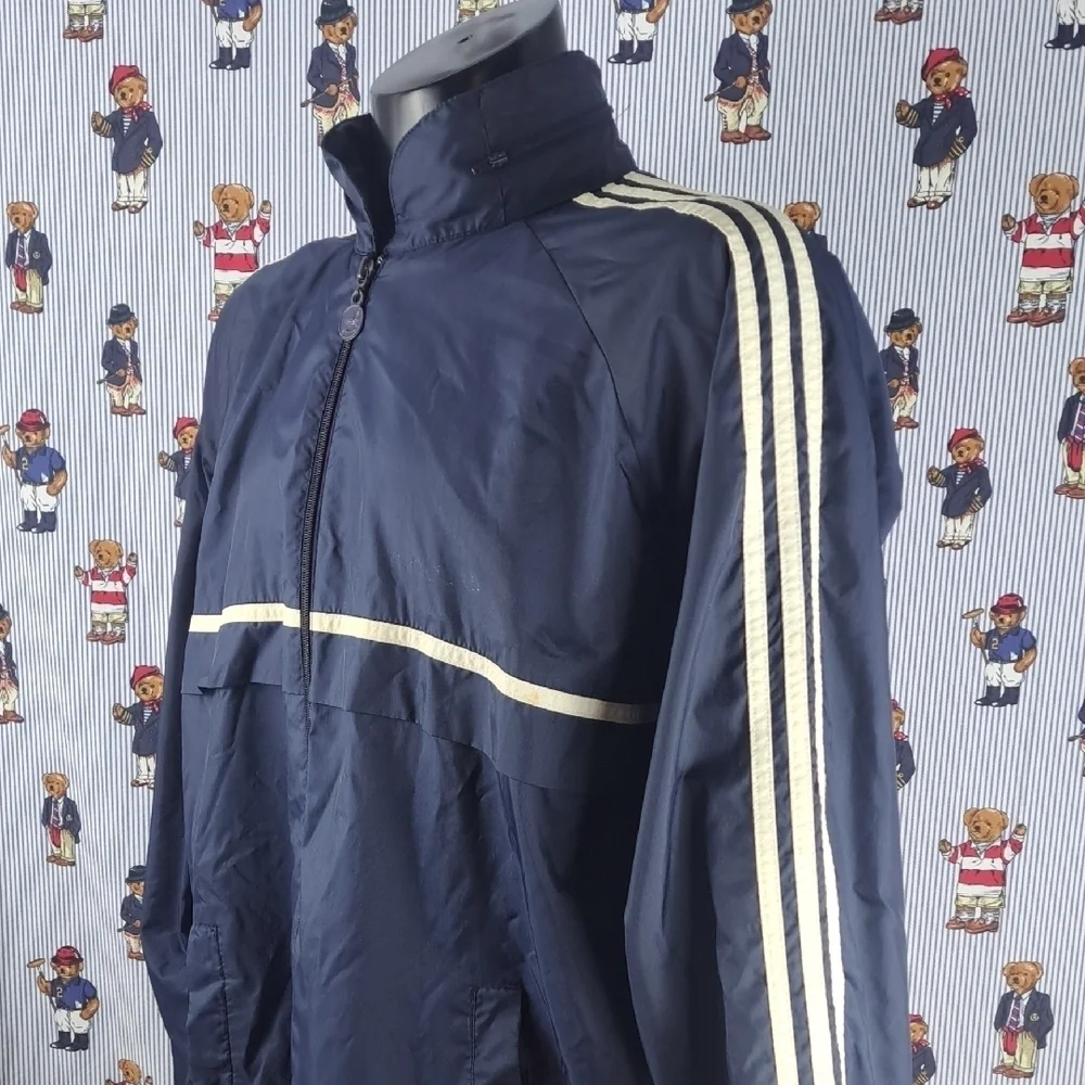 Vintage  Adidas 3 stripe sleeve hooded  navy & white XL windbreaker jacket